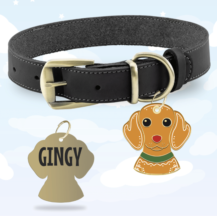 Gingerbread-shaped dog tag with smooth edges and lightweight design, featuring an engravable area on the back.